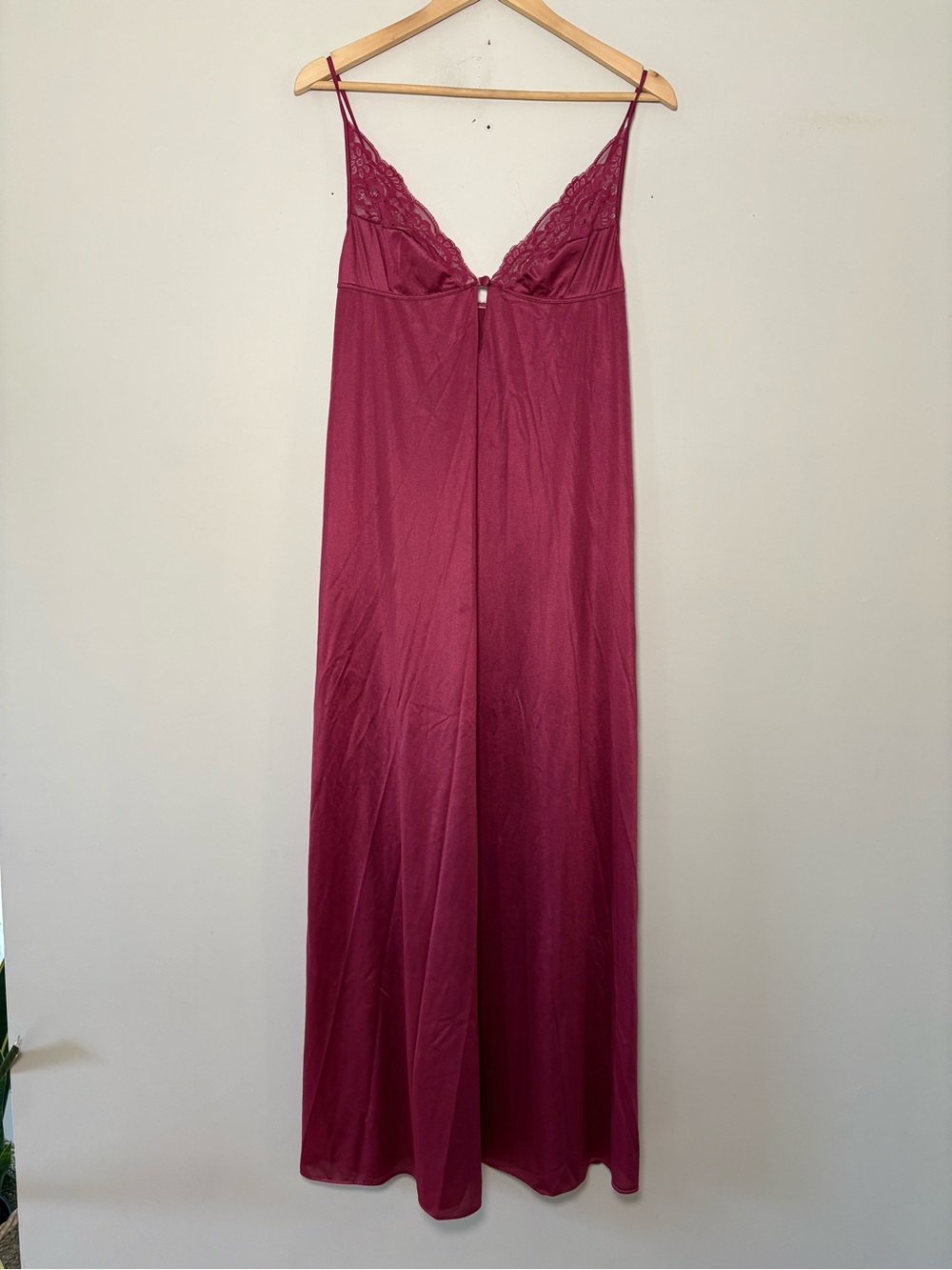 VTG 70s Vintage Flair Burgundy Nylon Maxi Nightgown Lace Keyhole Dress Medium